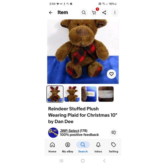 Dan Dee Reindeer Plush Toy Christmas 10" Brown With Red & Black Plaid Scarf & An - Picture 5 of 5